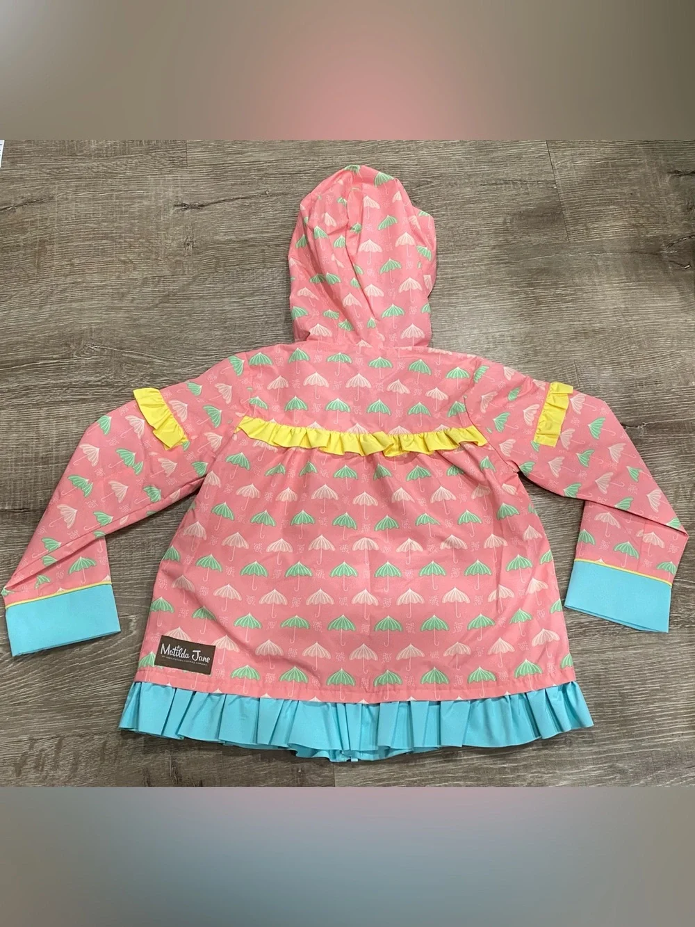 Matilda Jane Girls Size 8 Hooded Rain Jacket Pink Umbrella Print Ruffle Coat